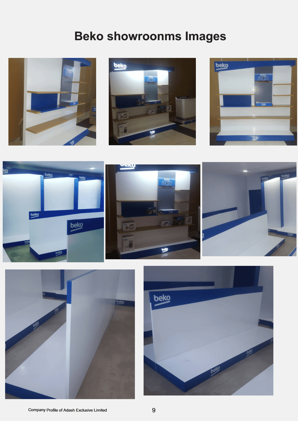 Illuminated white and blue Beko appliance showroom shelving units and floor display islands.