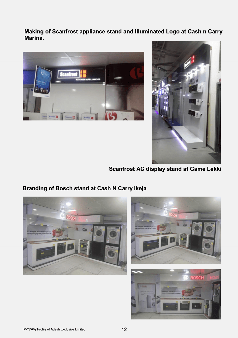 L-shaped Bosch kitchen appliance showroom display with built-in ovens and overhead signage.