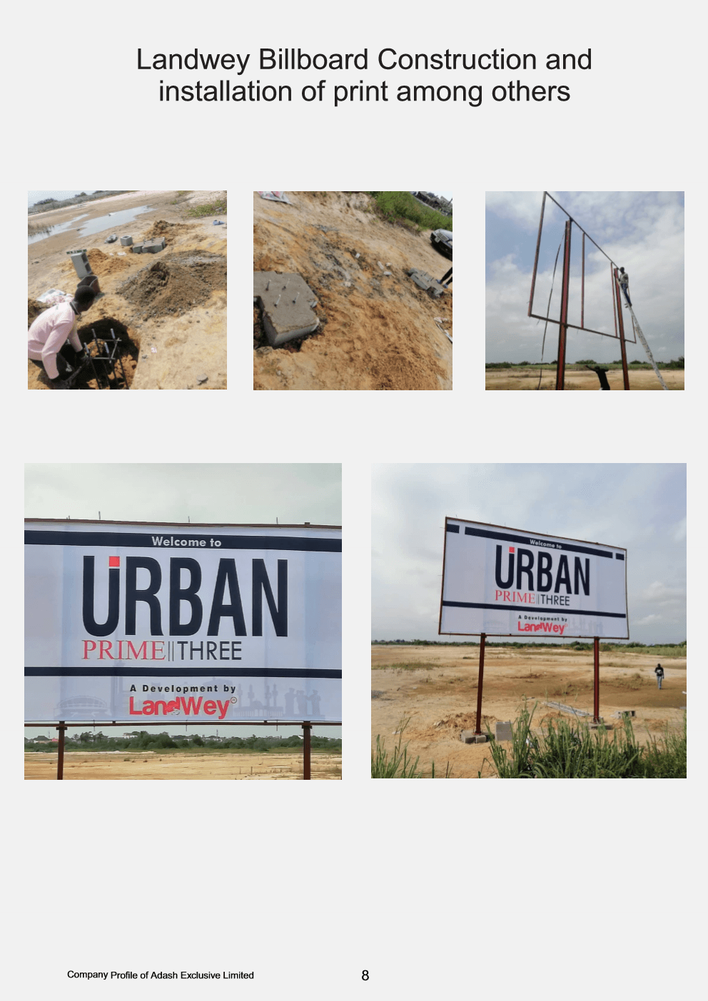 Large freestanding Urban Prime Three billboard on steel posts over concrete foundations in Lagos.