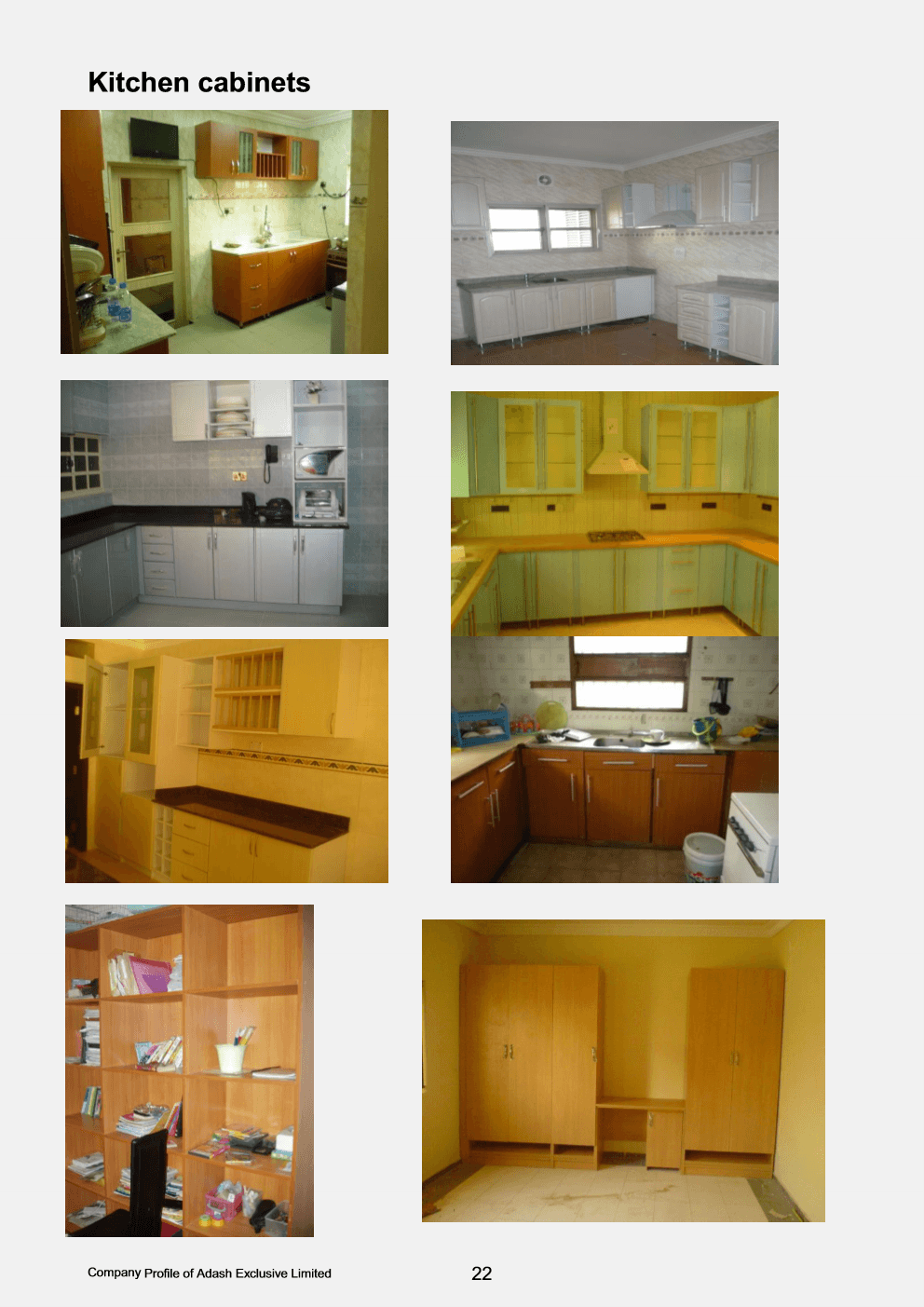 Custom modular kitchen cabinetry with woodgrain finish and glazed overhead cupboards in Lagos.