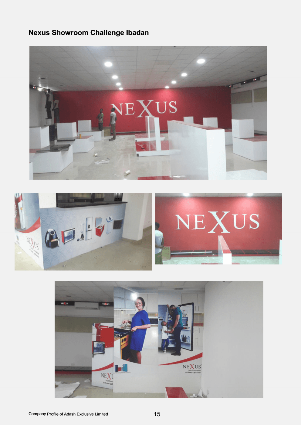 Nexus appliance showroom in Ibadan showing white and red display islands and 3D wall lettering.