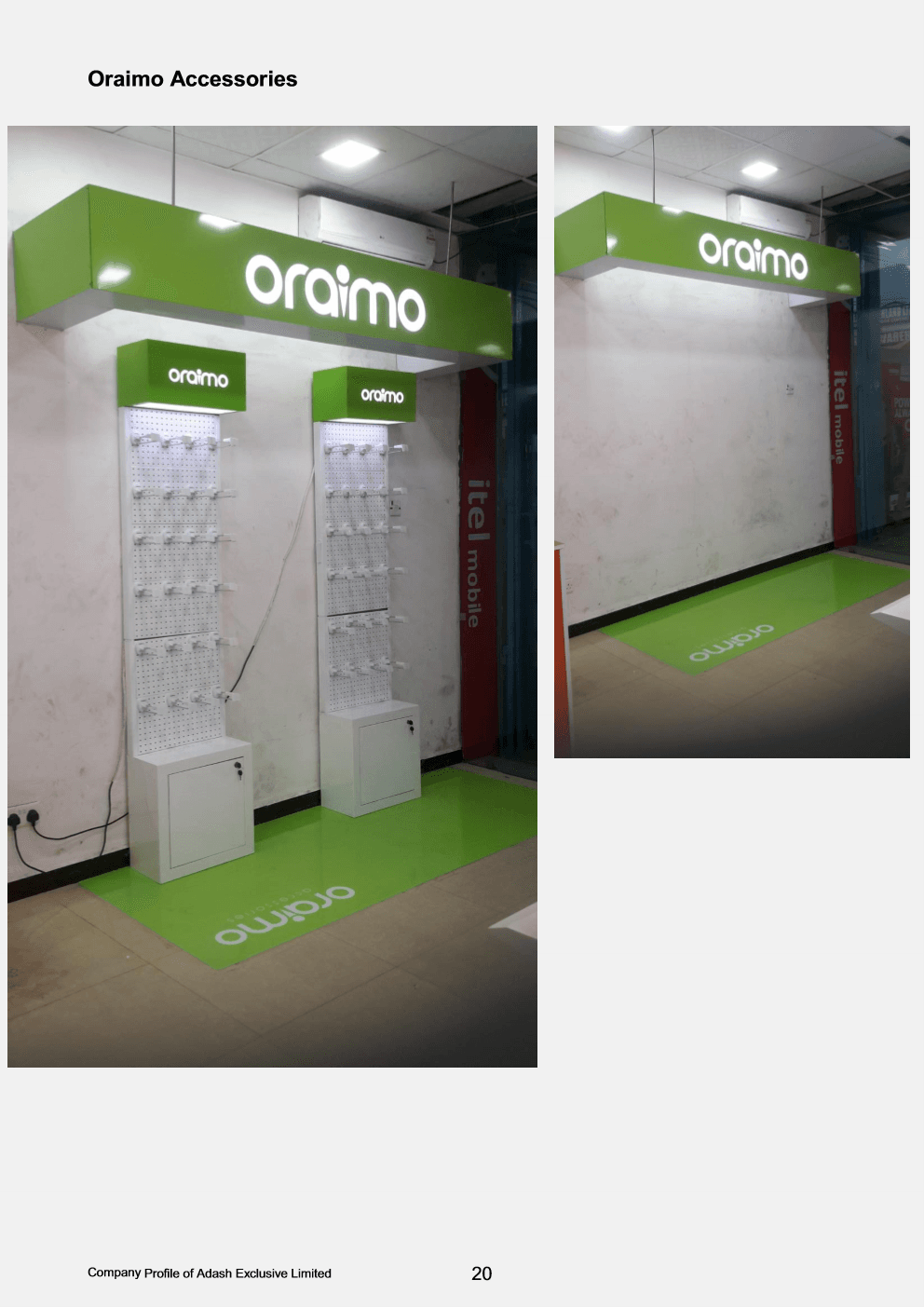 Green and white Oraimo accessories retail display corner with illuminated overhead canopy in Lagos.