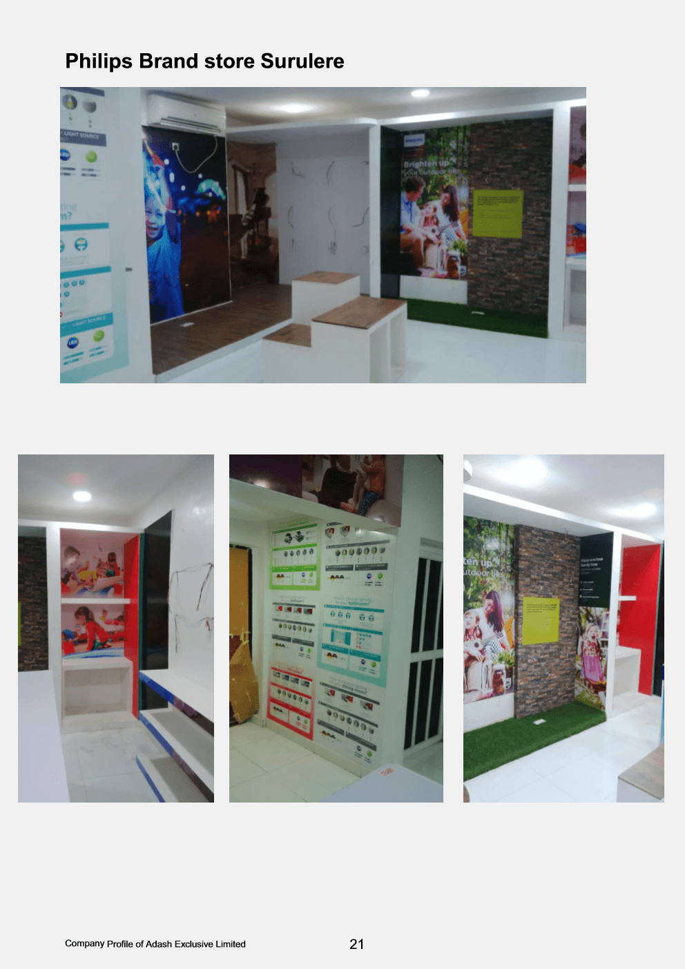 Interactive Philips lighting demonstration display rooms with timber plinths in Surulere, Lagos.