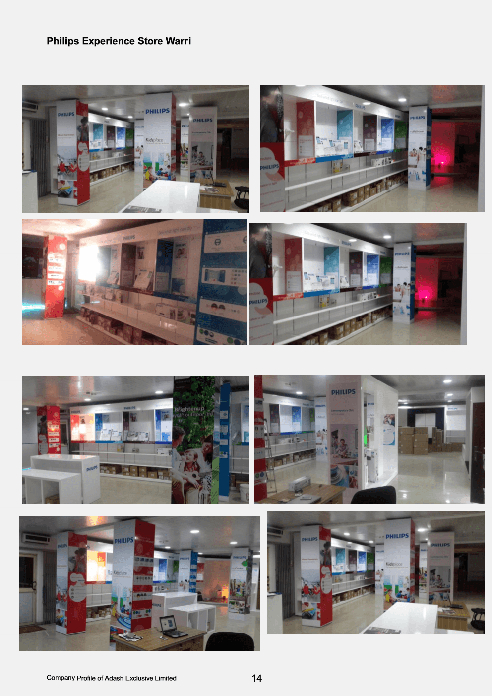 Interior view of the Philips Experience Store in Warri showing branded column wraps and shelving bays.