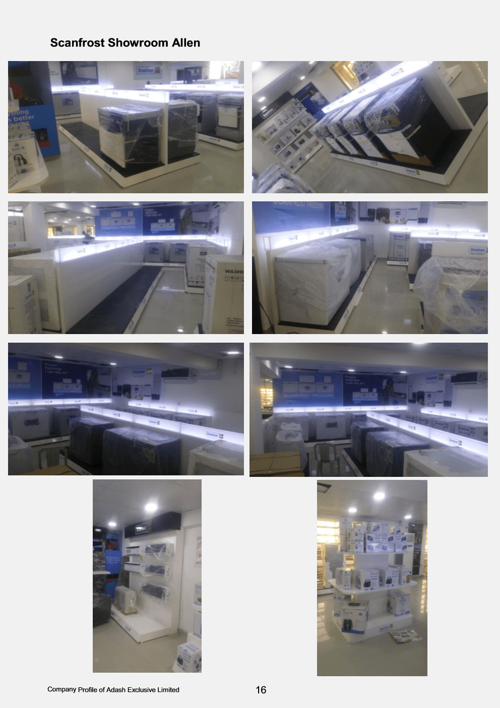 Illuminated white freezer display plinths and tiered shelving inside Scanfrost Showroom on Allen Avenue.