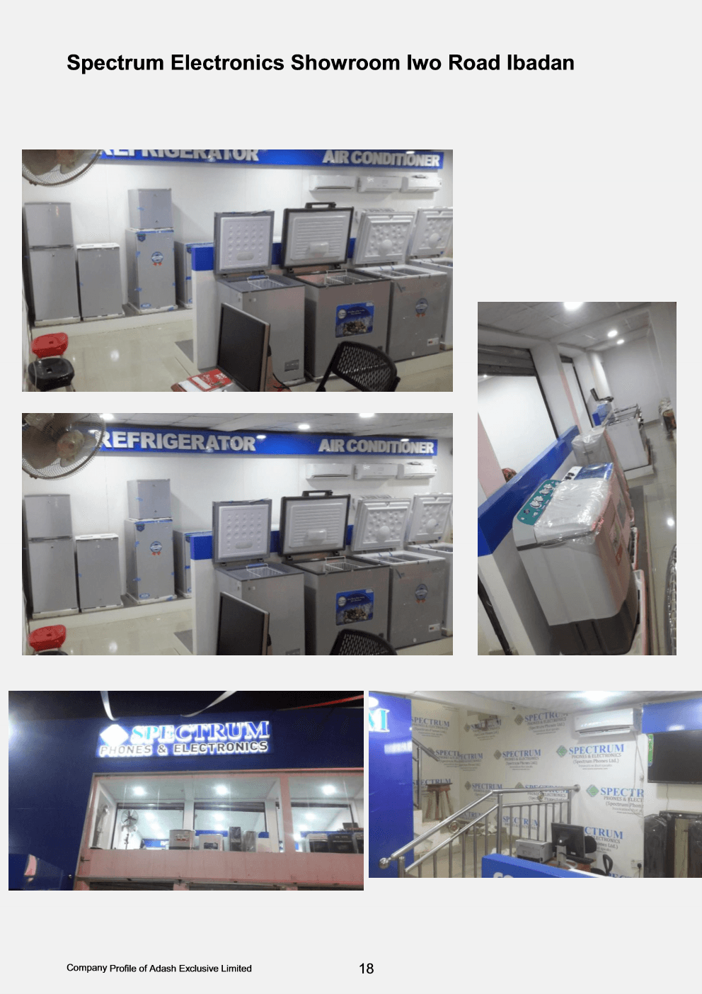 Illuminated blue 3D Spectrum Phones and Electronics storefront sign on Iwo Road in Ibadan.